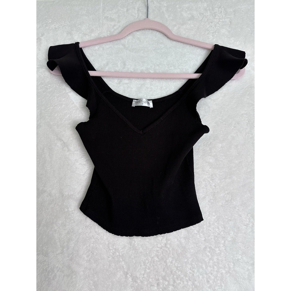 Vestique Womens Top Blouse Size M ‎ Ruffle Off Shoulder Ribbed Black Cropped